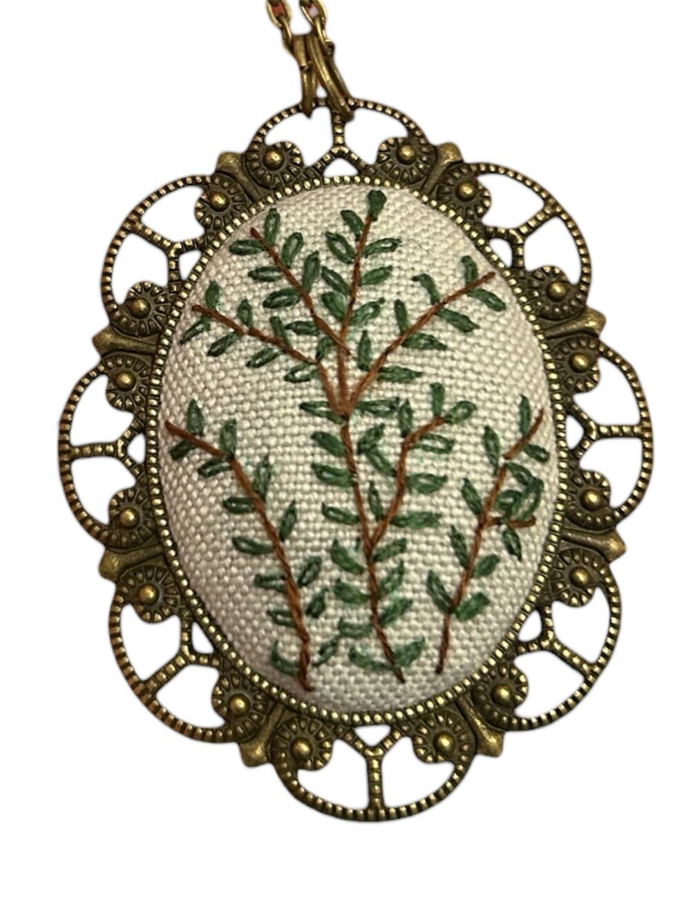 Leafy Branch Sprig Embroidery Necklace, Handmade Pendant